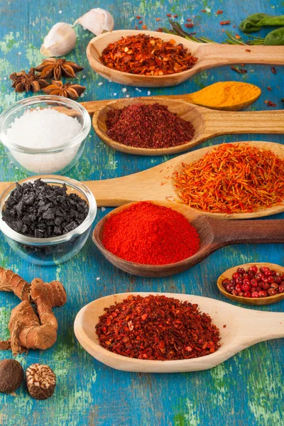 Powder spices on spoons — Stock Photo, Image