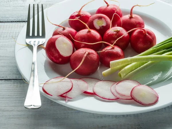 Frische junge Zwiebeln und roter Rettich — Stockfoto