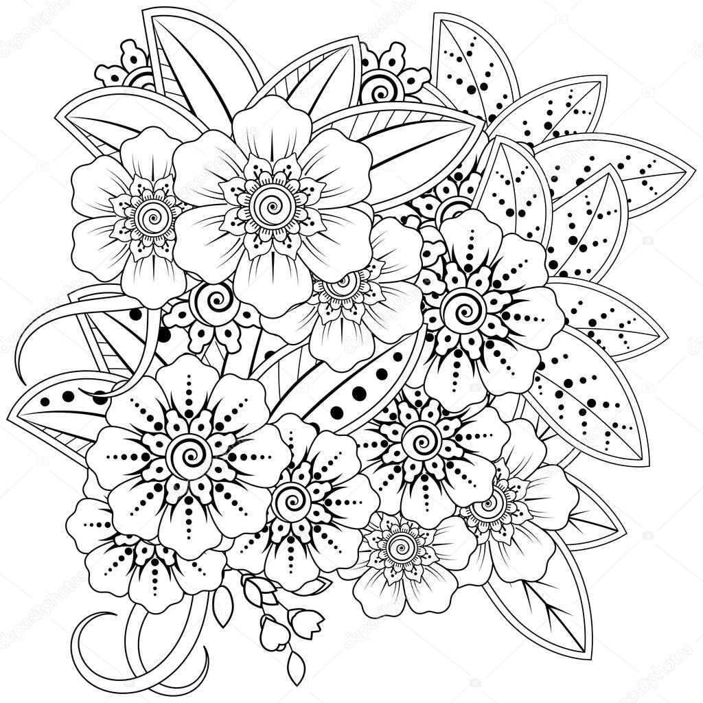 Outline square floral pattern in mehndi style for henna, mehndi, tattoo, decoration. decorative ornament in ethnic oriental style. doodle ornament. outline hand draw illustration. coloring book page.