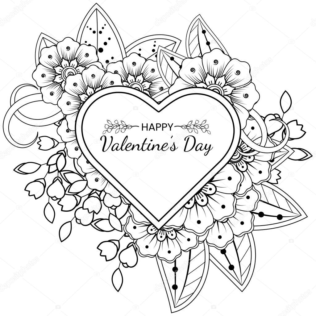 Hand drawn valentines day greeting card or banner with mehndi flower. decoration in ethnic oriental, doodle ornament. outline hand draw illustration.  