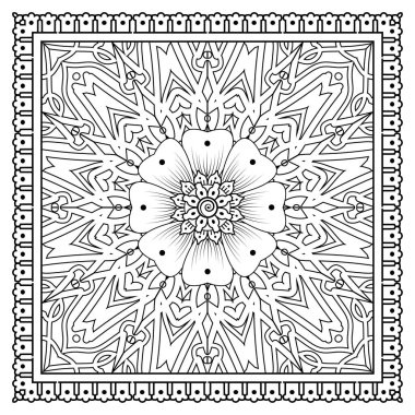 Mehndi 'nin kına, mehndi, dövme, dekorasyon çiçeği. Etnik doğu tarzında dekoratif bir süs. Karalama süsü. El çizimi çizimi çizimi. boyama kitabı sayfası.