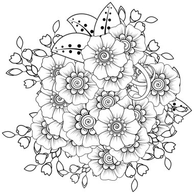 Mehndi 'nin kına, mehndi, dövme, dekorasyon çiçeği. Etnik doğu tarzında dekoratif bir süs. Karalama süsü. El çizimi çizimi çizimi. boyama kitabı sayfası.