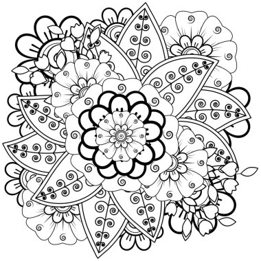Mehndi 'nin kına, mehndi, dövme, dekorasyon çiçeği. Etnik doğu tarzında dekoratif bir süs. Karalama süsü. El çizimi çizimi çizimi. boyama kitabı sayfası.