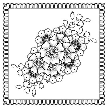 Mehndi 'nin kına, mehndi, dövme, dekorasyon çiçeği. Etnik doğu tarzında dekoratif bir süs. Karalama süsü. El çizimi çizimi çizimi. boyama kitabı sayfası.