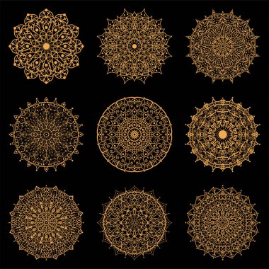 Mandala takımı. Mehndi 'nin kına, mehndi, dövme, dekorasyon çiçeği. Etnik doğu tarzında dekoratif bir süs. Karalama süsü. El çizimi çizimi çizimi. boyama kitabı sayfası.