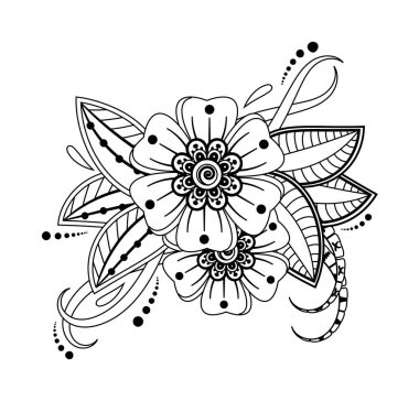 Mehndi 'nin kına, mehndi, dövme, dekorasyon çiçeği. Etnik doğu tarzında dekoratif bir süs. Karalama süsü. El çizimi çizimi çizimi. boyama kitabı sayfası.