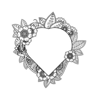 Çerçevesi kalp şeklinde Mehndi çiçeği. Mehndi 'nin kına, mehndi, dövme, dekorasyon çiçeği. Etnik doğu tarzında dekoratif bir süs. Karalama süsü. El çizimi çizimi çizimi. boyama kitabı sayfası.