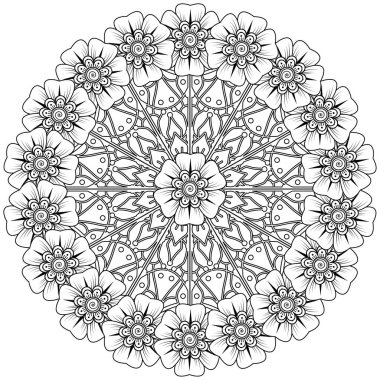 Mehndi 'nin kına, mehndi, dövme, dekorasyon çiçeği. Etnik doğu tarzında dekoratif bir süs. Karalama süsü. El çizimi çizimi çizimi. boyama kitabı sayfası.