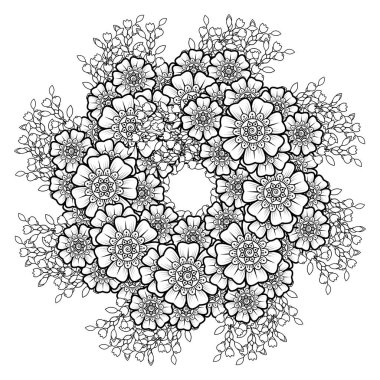 Mehndi 'nin kına, mehndi, dövme, dekorasyon çiçeği. Etnik doğu tarzında dekoratif bir süs. Karalama süsü. El çizimi çizimi çizimi. boyama kitabı sayfası.