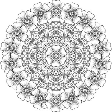 Mehndi 'nin kına, mehndi, dövme, dekorasyon çiçeği. Etnik doğu tarzında dekoratif bir süs. Karalama süsü. El çizimi çizimi çizimi. boyama kitabı sayfası.