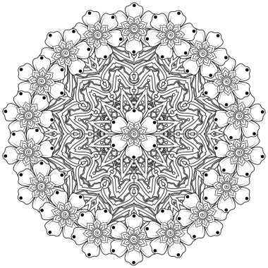 Mehndi 'nin kına, mehndi, dövme, dekorasyon çiçeği. Etnik doğu tarzında dekoratif bir süs. Karalama süsü. El çizimi çizimi çizimi. boyama kitabı sayfası.