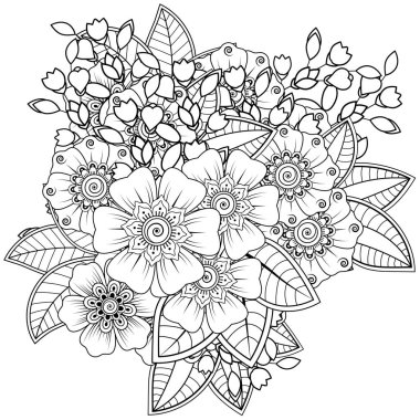 Mehndi 'nin kına, mehndi, dövme, dekorasyon çiçeği. Etnik doğu tarzında dekoratif bir süs. Karalama süsü. El çizimi çizimi çizimi. boyama kitabı sayfası.