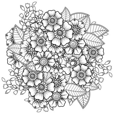 Mehndi 'nin kına, mehndi, dövme, dekorasyon çiçeği. Etnik doğu tarzında dekoratif bir süs. Karalama süsü. El çizimi çizimi çizimi. boyama kitabı sayfası.