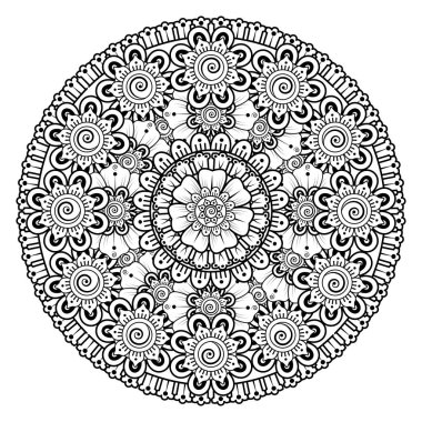 Tek renkli dantel mandala desenli. Amblem lüks güzellik merkezi, kozmetik, mücevher, otel, restoran. Düğün zarif taslak çerçevesi. Vektör çiçekli logo dizaynı. Yuvarlak altın süslü çerçeve. Klasik premium tasarım vektör ögesi.