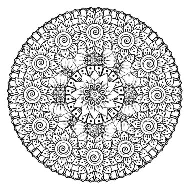 Tek renkli dantel mandala desenli. Amblem lüks güzellik merkezi, kozmetik, mücevher, otel, restoran. Düğün zarif taslak çerçevesi. Vektör çiçekli logo dizaynı. Yuvarlak altın süslü çerçeve. Klasik premium tasarım vektör ögesi.