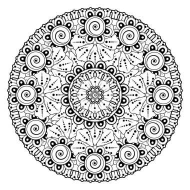 Kına, mehndi, dövme ve dekorasyon için çiçekli dairesel desen. Etnik doğu tarzında dekoratif bir süs. boyama kitabı sayfası.