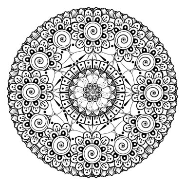 Kına, mehndi, dövme ve dekorasyon için çiçekli dairesel desen. Etnik doğu tarzında dekoratif bir süs. boyama kitabı sayfası.