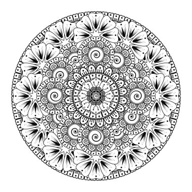 Kına, mehndi, dövme ve dekorasyon için çiçekli dairesel desen. Etnik doğu tarzında dekoratif bir süs. boyama kitabı sayfası.