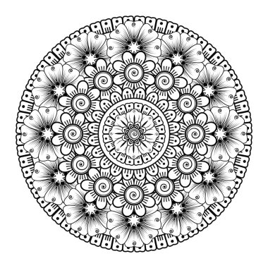 Kına, mehndi, dövme ve dekorasyon için çiçekli dairesel desen. Etnik doğu tarzında dekoratif bir süs. boyama kitabı sayfası.