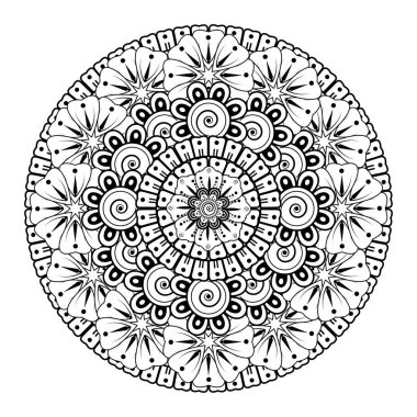 Kına, mehndi, dövme ve dekorasyon için çiçekli dairesel desen. Etnik doğu tarzında dekoratif bir süs. boyama kitabı sayfası.
