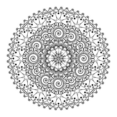 Kına, mehndi, dövme ve dekorasyon için çiçekli dairesel desen. Etnik doğu tarzında dekoratif bir süs. boyama kitabı sayfası.