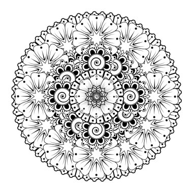 Kına, mehndi, dövme ve dekorasyon için çiçekli dairesel desen. Etnik doğu tarzında dekoratif bir süs. boyama kitabı sayfası.