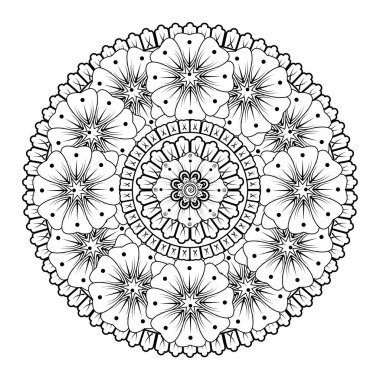 Kına, mehndi, dövme ve dekorasyon için çiçekli dairesel desen. Etnik doğu tarzında dekoratif bir süs. boyama kitabı sayfası.