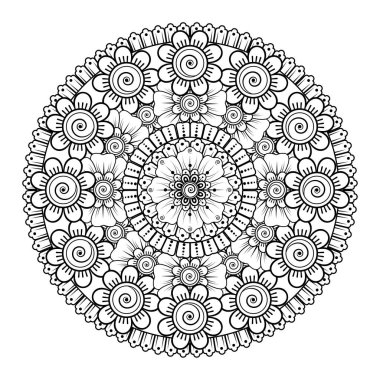 Kına, mehndi, dövme ve dekorasyon için çiçekli dairesel desen. Etnik doğu tarzında dekoratif bir süs. boyama kitabı sayfası.