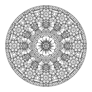Kına, mehndi, dövme ve dekorasyon için çiçekli dairesel desen. Etnik doğu tarzında dekoratif bir süs. boyama kitabı sayfası.