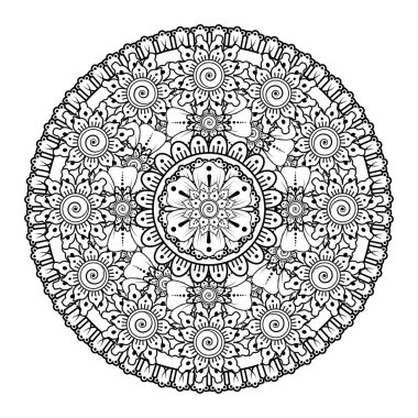 Kına, mehndi, dövme ve dekorasyon için çiçekli dairesel desen. Etnik doğu tarzında dekoratif bir süs. boyama kitabı sayfası.