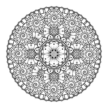 Kına, mehndi, dövme ve dekorasyon için çiçekli dairesel desen. Etnik doğu tarzında dekoratif bir süs. boyama kitabı sayfası.