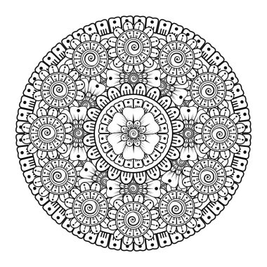 Kına, mehndi, dövme ve dekorasyon için çiçekli dairesel desen. Etnik doğu tarzında dekoratif bir süs. boyama kitabı sayfası.