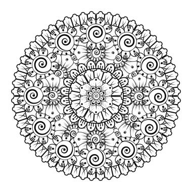 Kına, mehndi, dövme ve dekorasyon için çiçekli dairesel desen. Etnik doğu tarzında dekoratif bir süs. boyama kitabı sayfası.