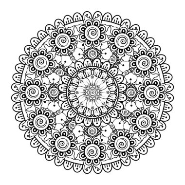 Kına, mehndi, dövme ve dekorasyon için çiçekli dairesel desen. Etnik doğu tarzında dekoratif bir süs. boyama kitabı sayfası.