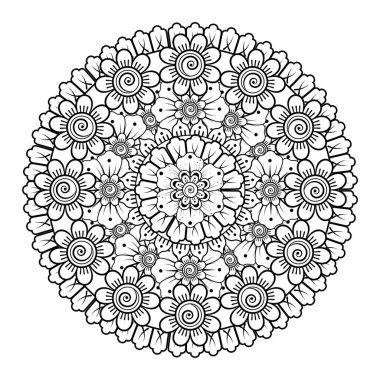 Kına, mehndi, dövme ve dekorasyon için çiçekli dairesel desen. Etnik doğu tarzında dekoratif bir süs. boyama kitabı sayfası.