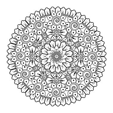 Kına, mehndi, dövme ve dekorasyon için çiçekli dairesel desen. Etnik doğu tarzında dekoratif bir süs. boyama kitabı sayfası.