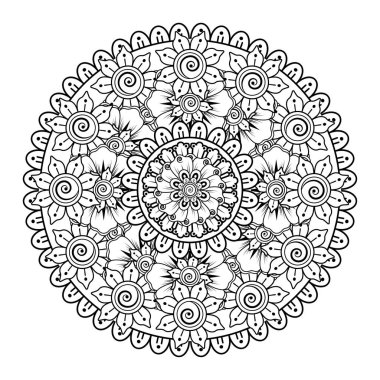Kına, mehndi, dövme ve dekorasyon için çiçekli dairesel desen. Etnik doğu tarzında dekoratif bir süs. boyama kitabı sayfası.