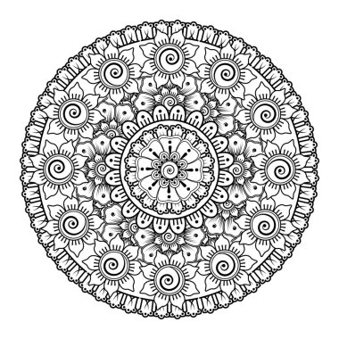 Kına, mehndi, dövme ve dekorasyon için çiçekli dairesel desen. Etnik doğu tarzında dekoratif bir süs. boyama kitabı sayfası.