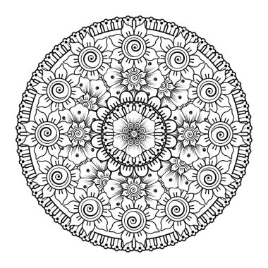 Kına, mehndi, dövme ve dekorasyon için çiçekli dairesel desen. Etnik doğu tarzında dekoratif bir süs. boyama kitabı sayfası.