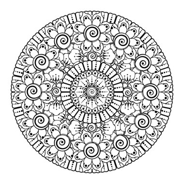 Kına, mehndi, dövme ve dekorasyon için çiçekli dairesel desen. Etnik doğu tarzında dekoratif bir süs. boyama kitabı sayfası.