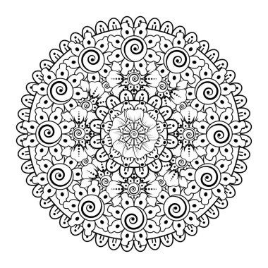 Kına, mehndi, dövme ve dekorasyon için çiçekli dairesel desen. Etnik doğu tarzında dekoratif bir süs. boyama kitabı sayfası.