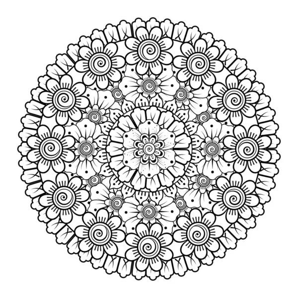 Kına, mehndi, dövme ve dekorasyon için çiçekli dairesel desen. Etnik doğu tarzında dekoratif bir süs. boyama kitabı sayfası.