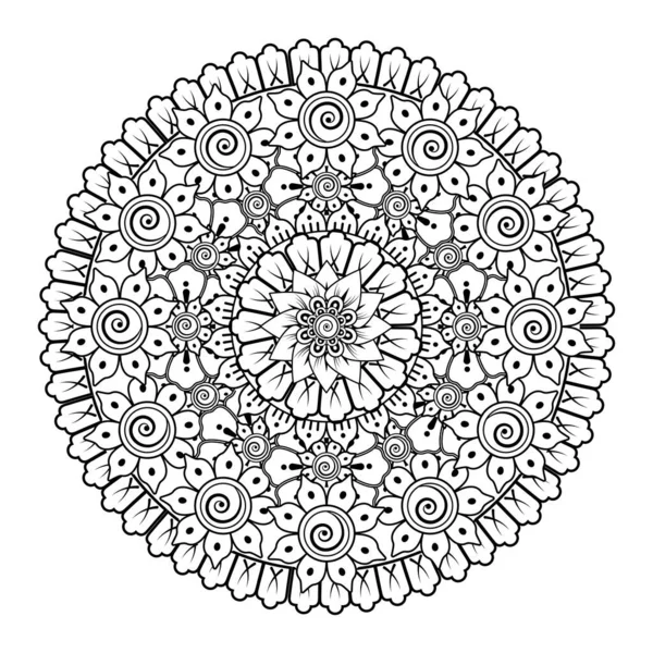 Kına, mehndi, dövme ve dekorasyon için çiçekli dairesel desen. Etnik doğu tarzında dekoratif bir süs. boyama kitabı sayfası.