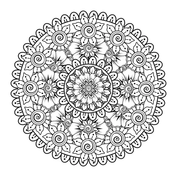 Kına, mehndi, dövme ve dekorasyon için çiçekli dairesel desen. Etnik doğu tarzında dekoratif bir süs. boyama kitabı sayfası.