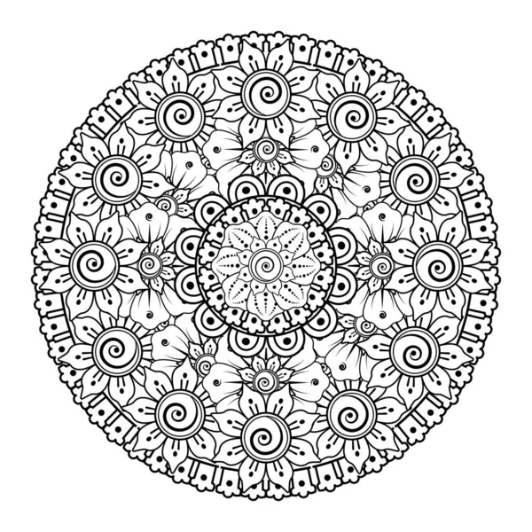 Kına, mehndi, dövme ve dekorasyon için çiçekli dairesel desen. Etnik doğu tarzında dekoratif bir süs. boyama kitabı sayfası.