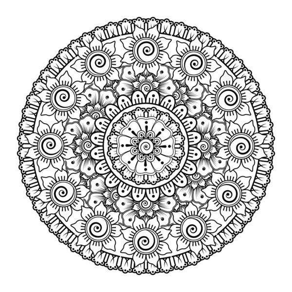 Kına, mehndi, dövme ve dekorasyon için çiçekli dairesel desen. Etnik doğu tarzında dekoratif bir süs. boyama kitabı sayfası.