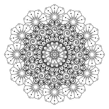 Kına, mehndi, dövme ve dekorasyon için çiçekli dairesel desen. Etnik doğu tarzında dekoratif bir süs. boyama kitabı sayfası.