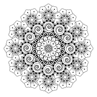 Kına, mehndi, dövme ve dekorasyon için çiçekli dairesel desen. Etnik doğu tarzında dekoratif bir süs. boyama kitabı sayfası.