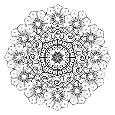 Kına, mehndi, dövme ve dekorasyon için çiçekli dairesel desen. Etnik doğu tarzında dekoratif bir süs. boyama kitabı sayfası.