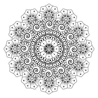 Kına, mehndi, dövme ve dekorasyon için çiçekli dairesel desen. Etnik doğu tarzında dekoratif bir süs. boyama kitabı sayfası.